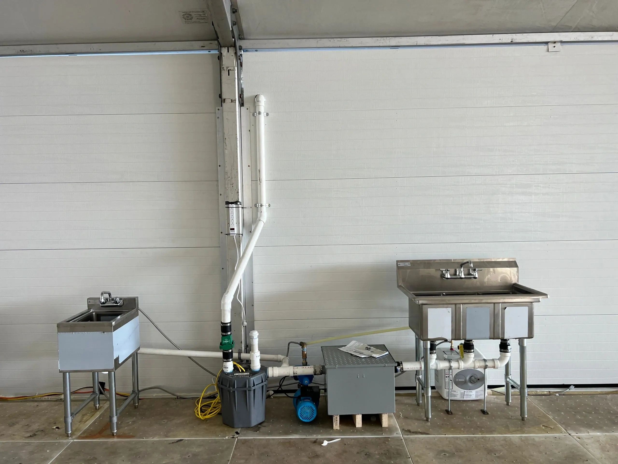 Two stainless steel sinks in a commercial workspace