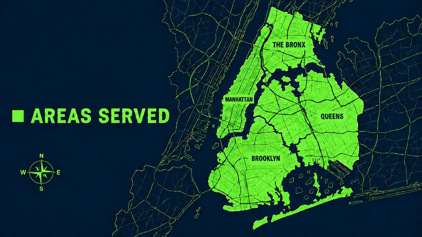 Astoria Plumbers service area map covering Manhattan, the Bronx, Queens and Brooklyn